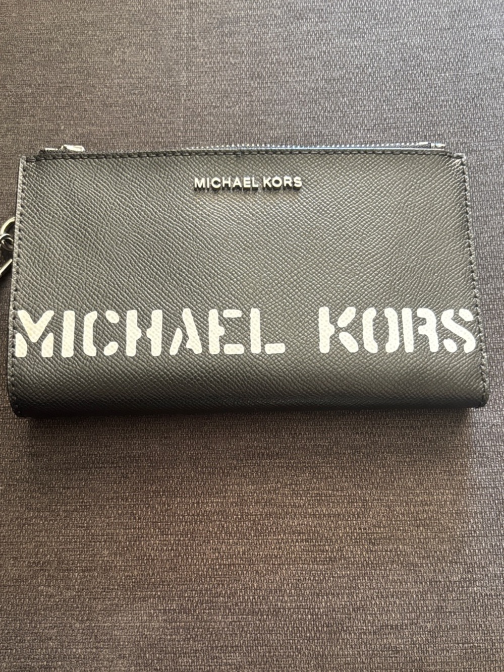 Michael Kors Black Leather Wristlet Wallet with White Logo Print
